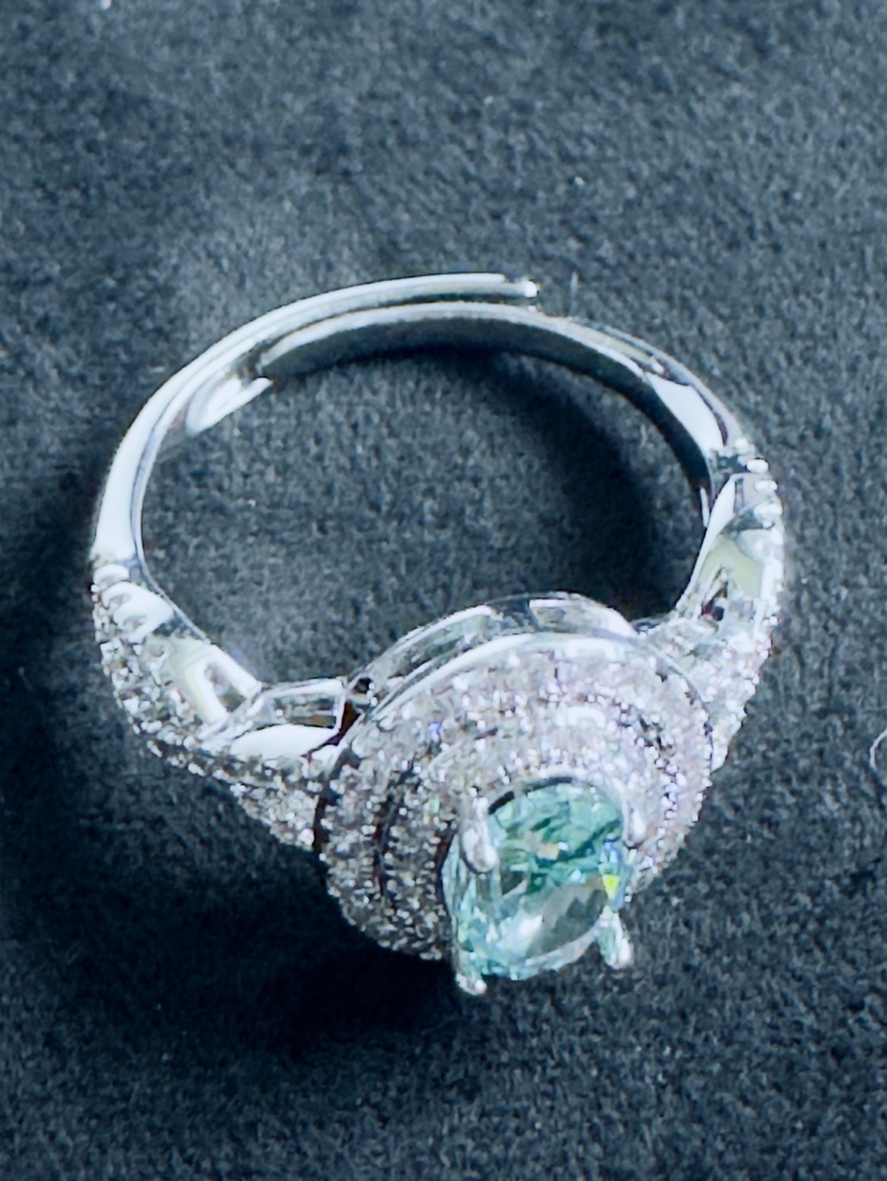 Silver Halo adjustable Ring with Light Blue-Green Center Stone